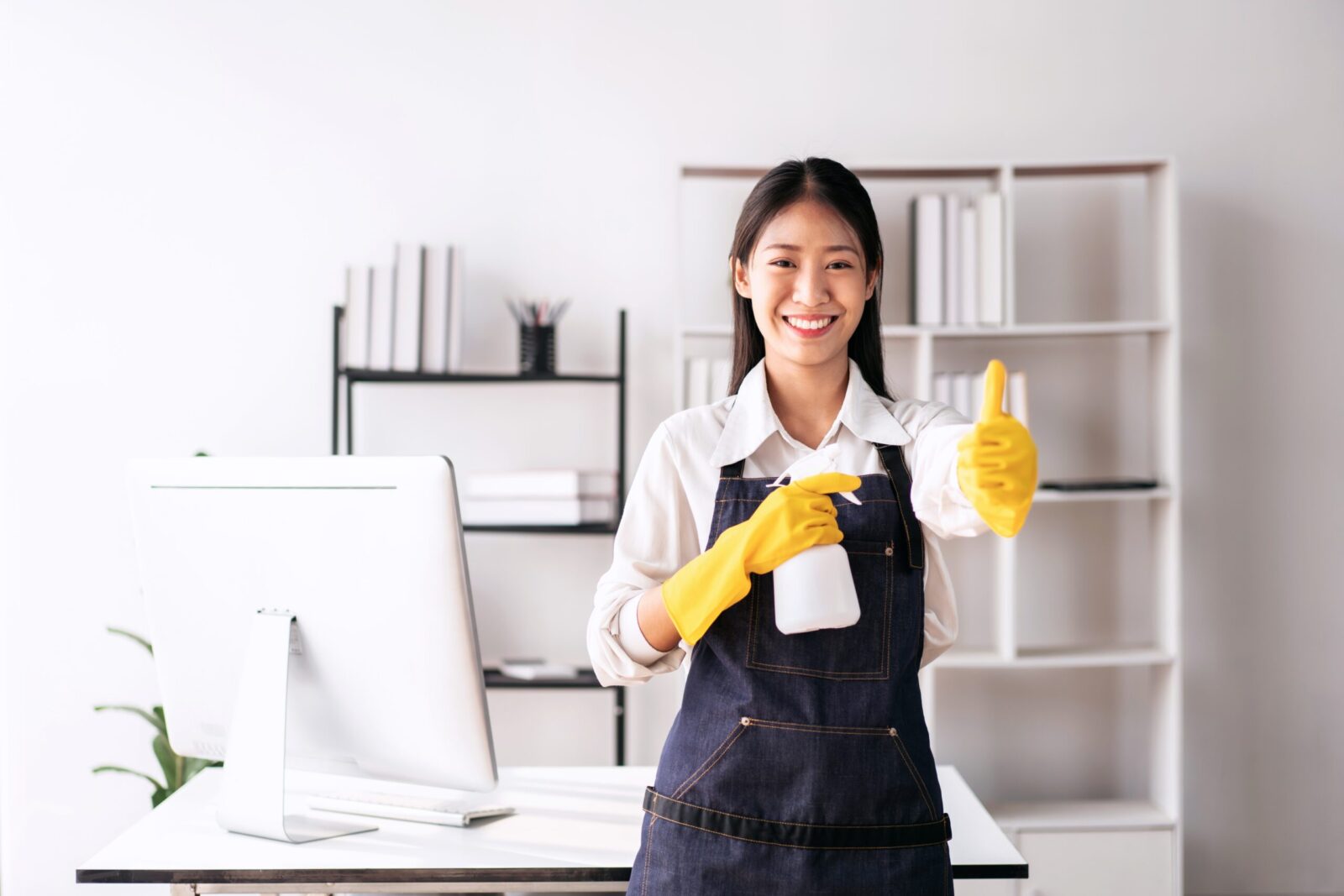 a woman wearing an apron and doing a thumbs up