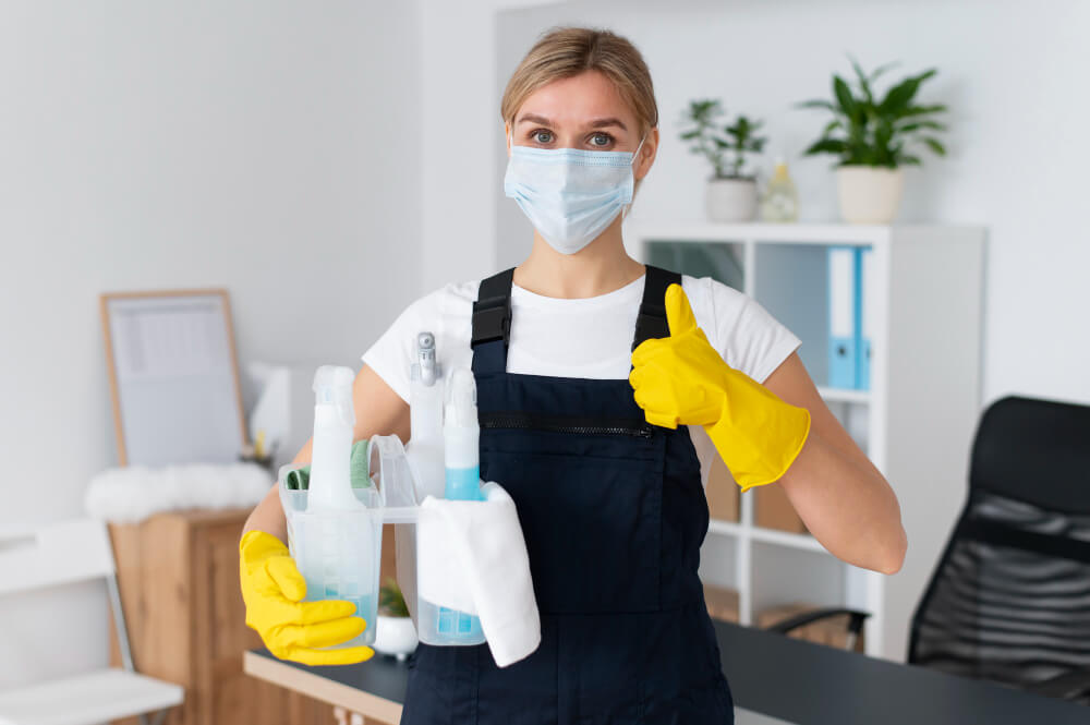 a woman holding cleaning tools and doing a thumbs up